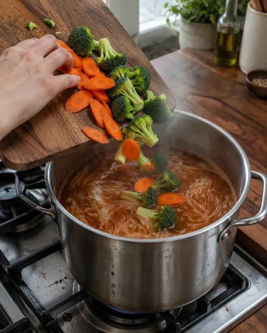 Step 4: Once the stock is boiling, drop in the noodles. After 1 minu