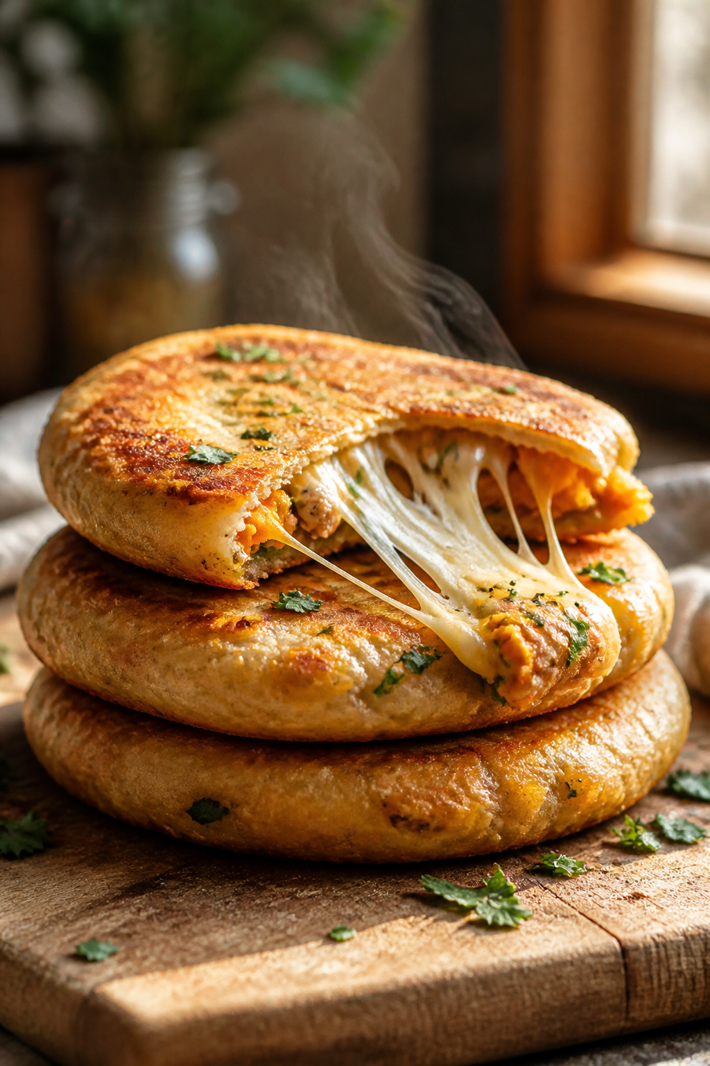 Cheesy Sweet Potato Chicken Flatbreads with Cheese Pull