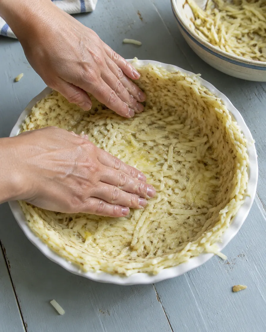 Step 4: Spread the potato over the base and up the sides of the dish