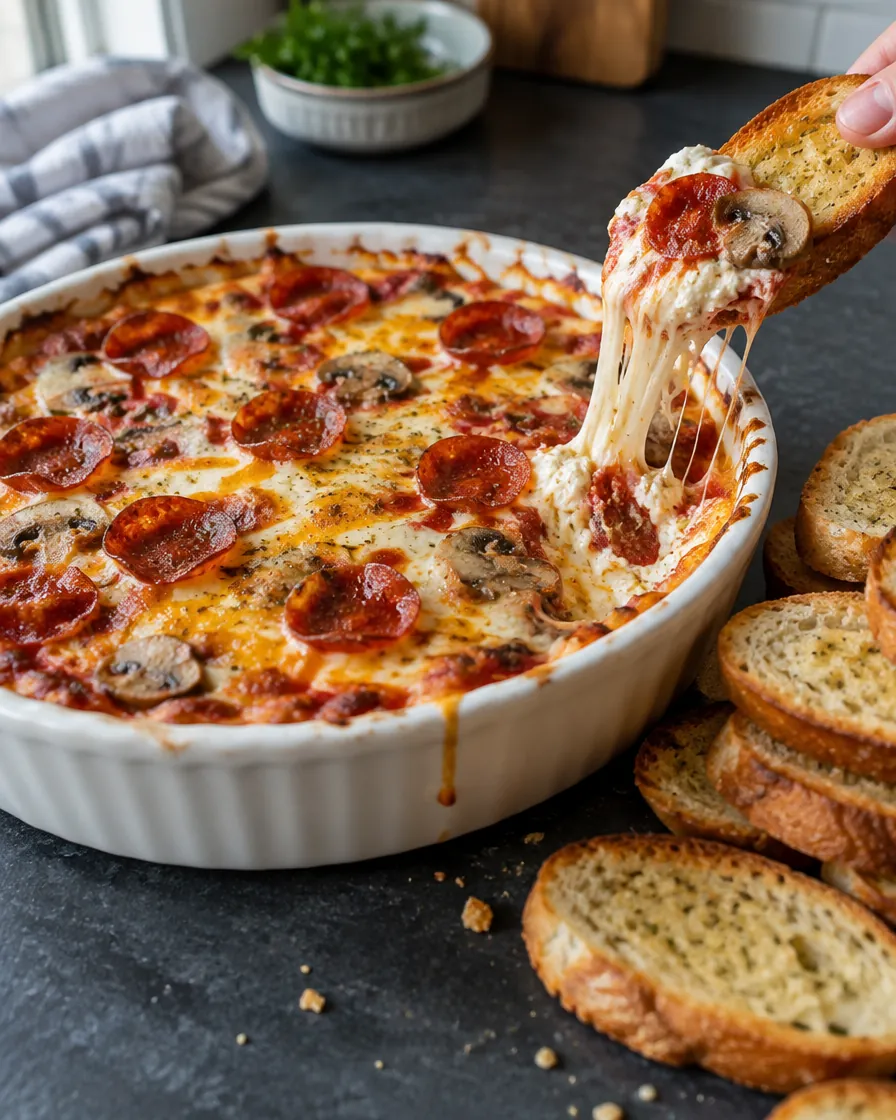Baked Cheesy Pepperoni and Mushroom Pizza Dip