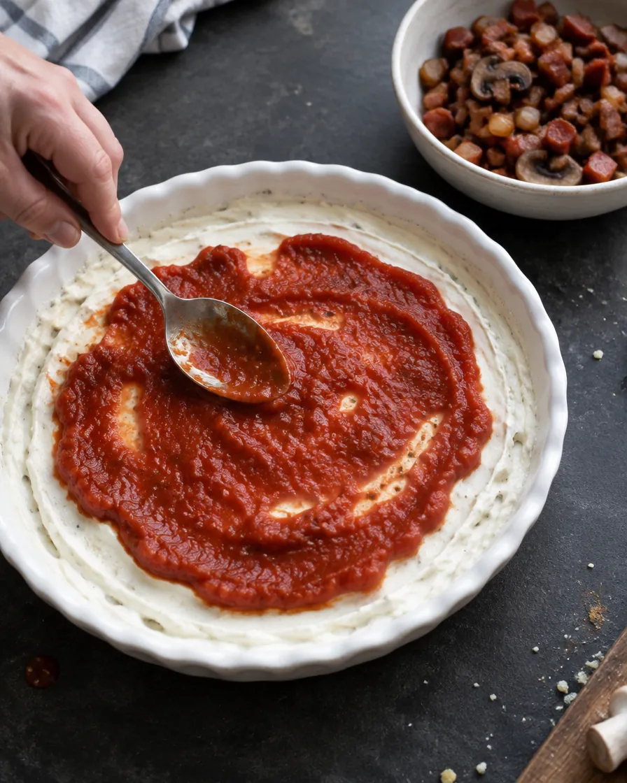 Step 7: Spread the pizza sauce over the base and scatter the peppero