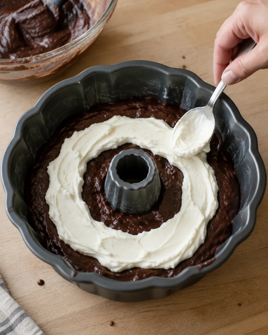 Step 4: Pour roughly two-thirds of the chocolate batter into the pre