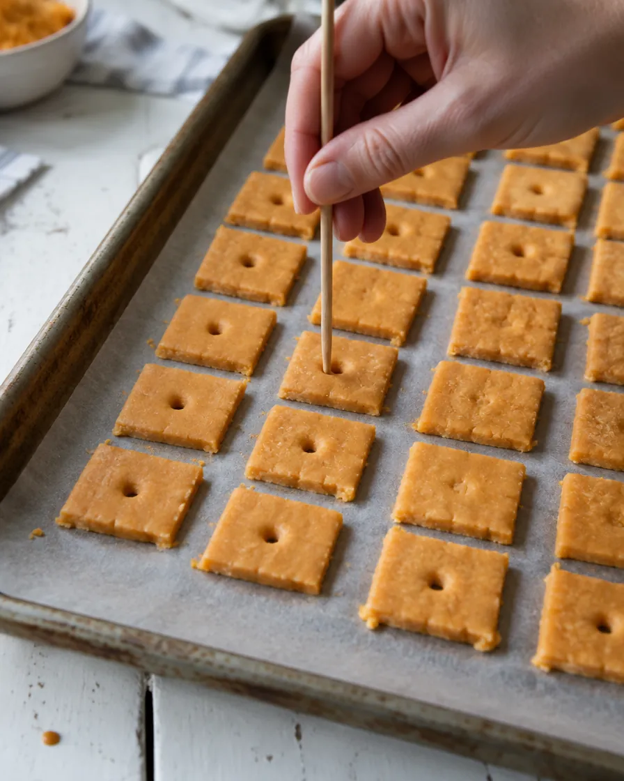 Step 5: Arrange the crackers on the baking sheets and poke a hole th