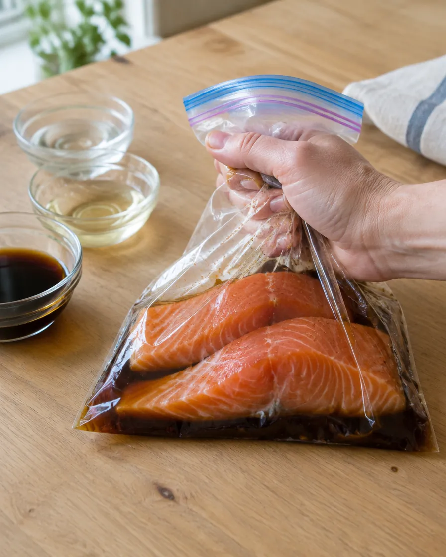 Step 1: Put the salmon, soy sauce, mirin and sake in a zip-top bag, 