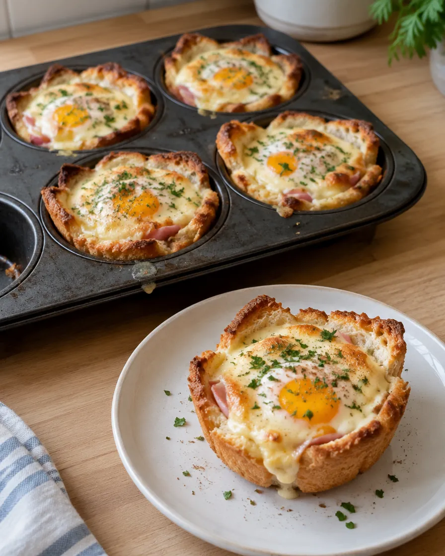 Croque Madame Toast Cups with Ham, Egg and Cheese Sauce