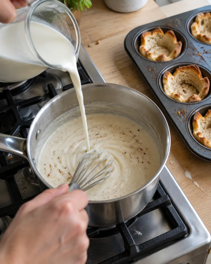Step 6: Pour in the rest of the milk along with the Dijon, nutmeg, s