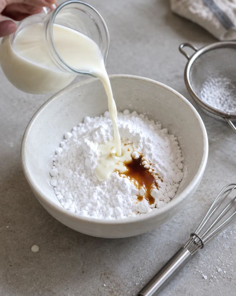 Step 1: Whisk the confectioners' sugar with 2 Tablespoons of the mil