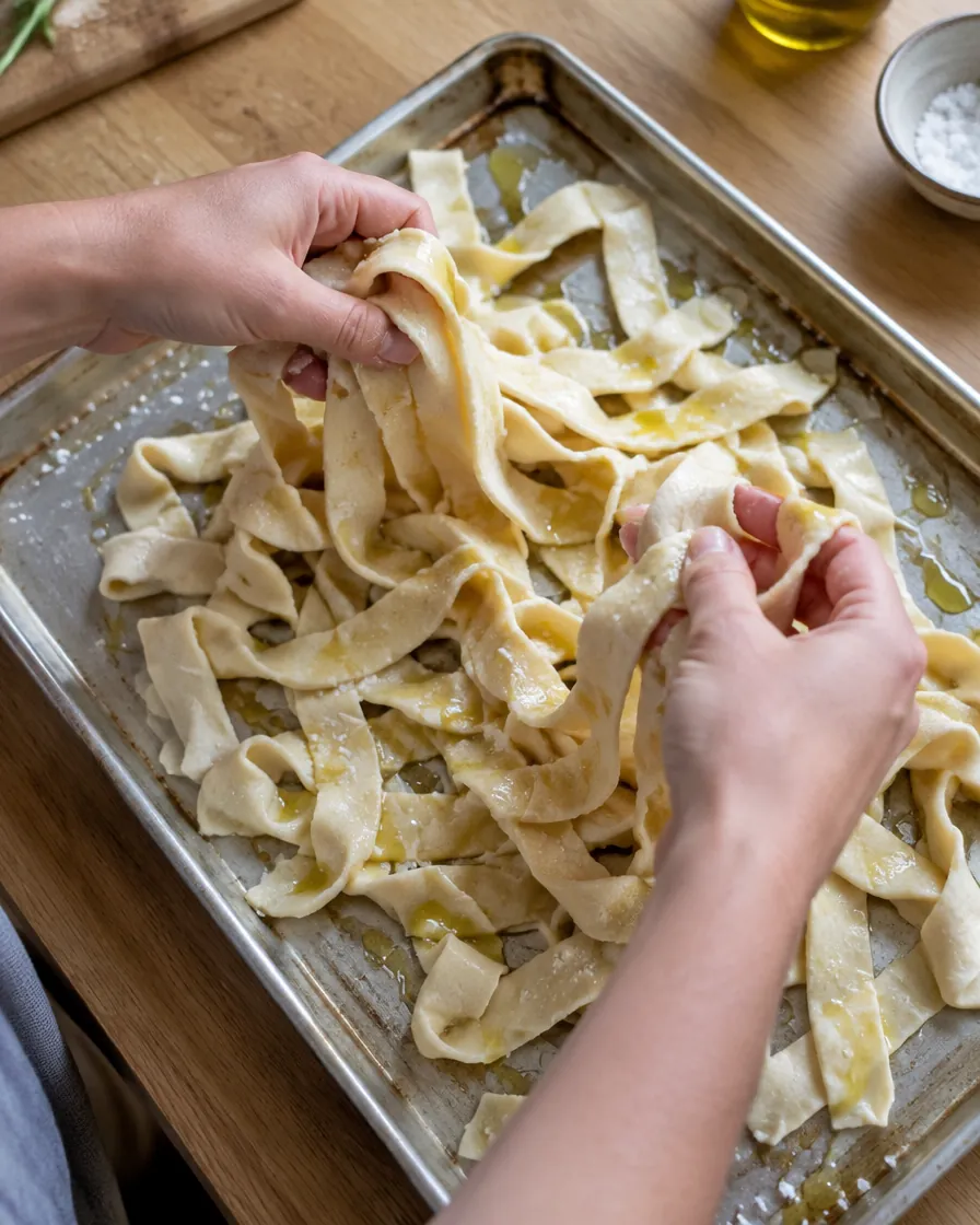 Step 3: Scatter the ribbons over a baking tray, drizzle with the oli