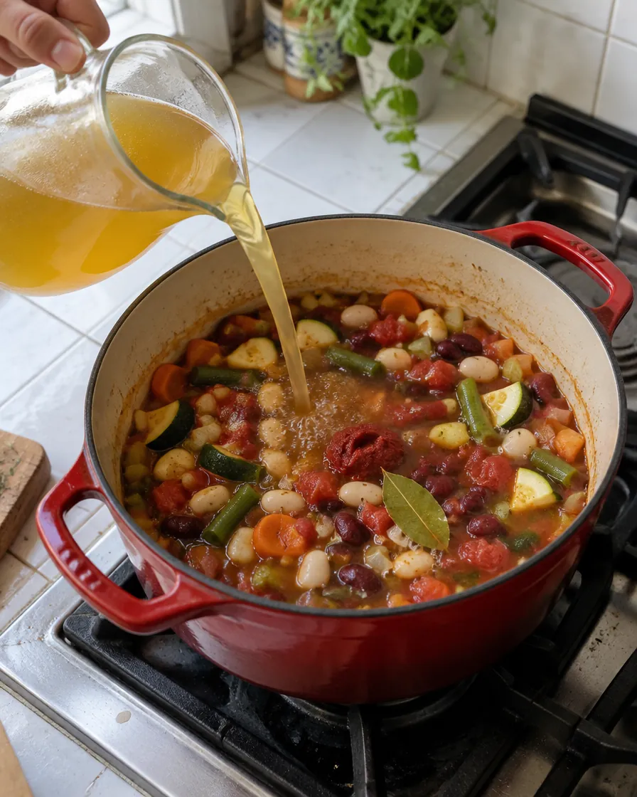 Step 2: Pour in the broth, water and vinegar, then add the bay leaf,