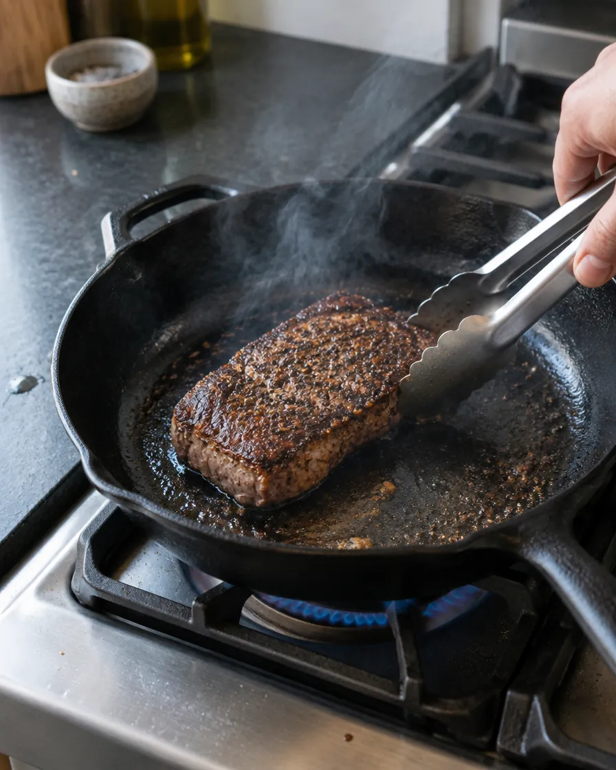 Step 5: Rub both sides of the steak with 1/2 tbsp of the oil and sea