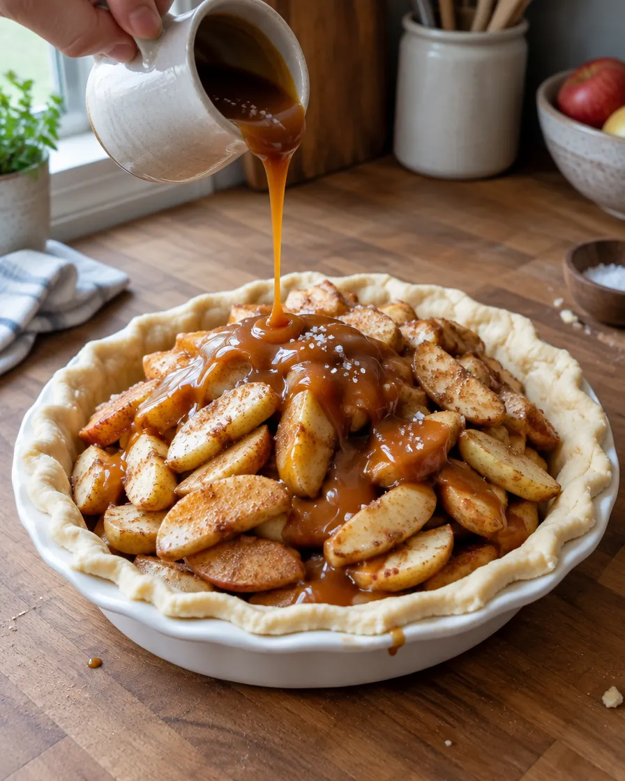 Step 5: Heap the apple filling into the crust and drizzle 1/2 cup (1