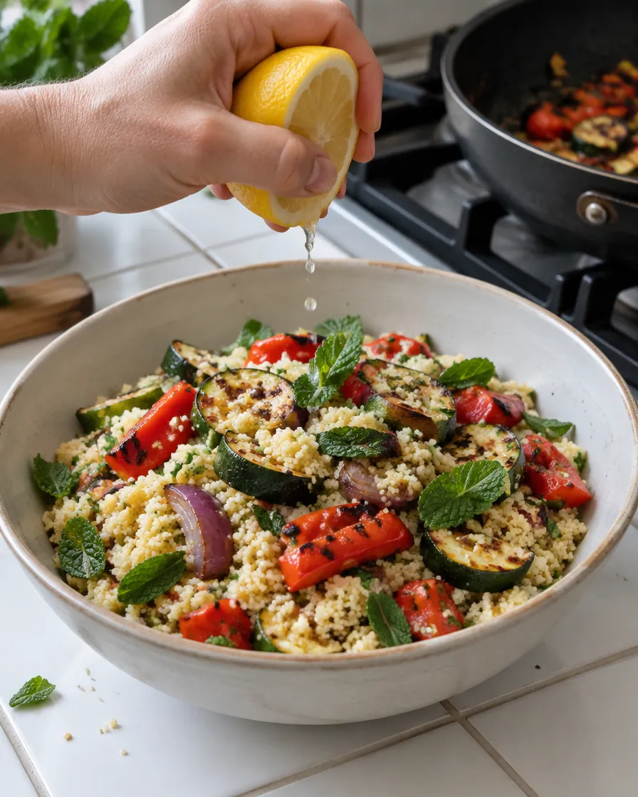 Step 6: Fluff the couscous with a fork. Add the vegetables and mint,