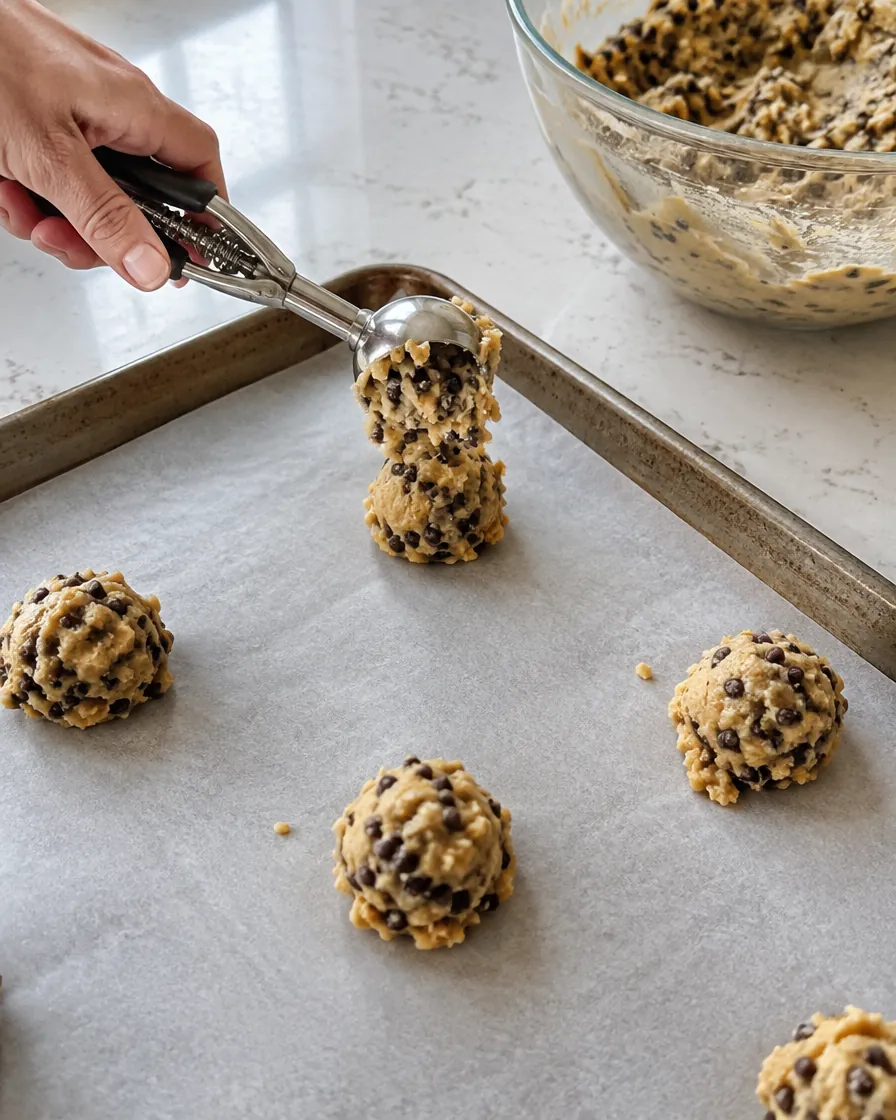 Step 4: Scoop about 1.5 tablespoons (35 g) of dough per cookie, leav