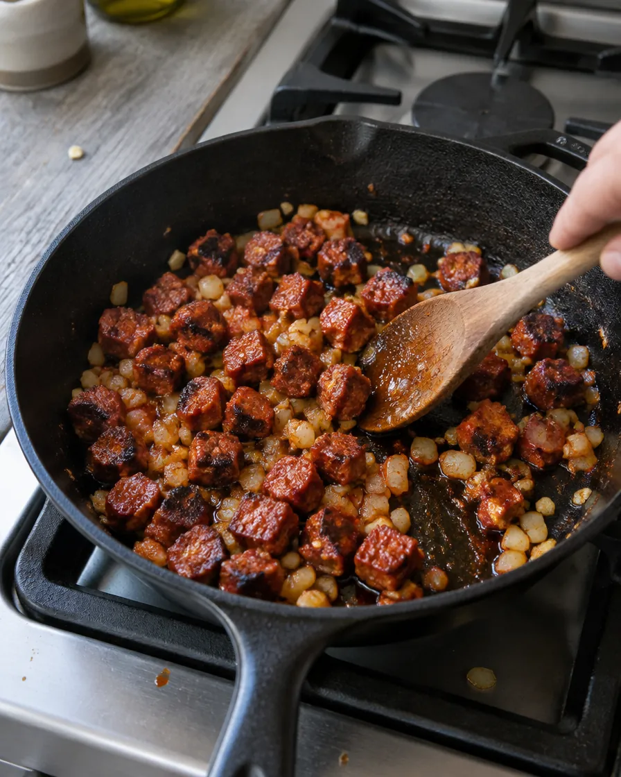 Step 4: Add all of the chorizo and fry until well browned.