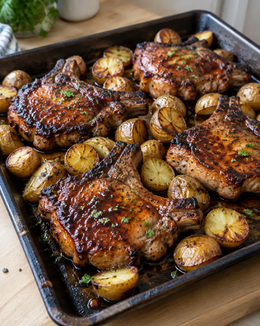 Sticky Glazed Pork Chops and Crispy Potatoes on One Tray