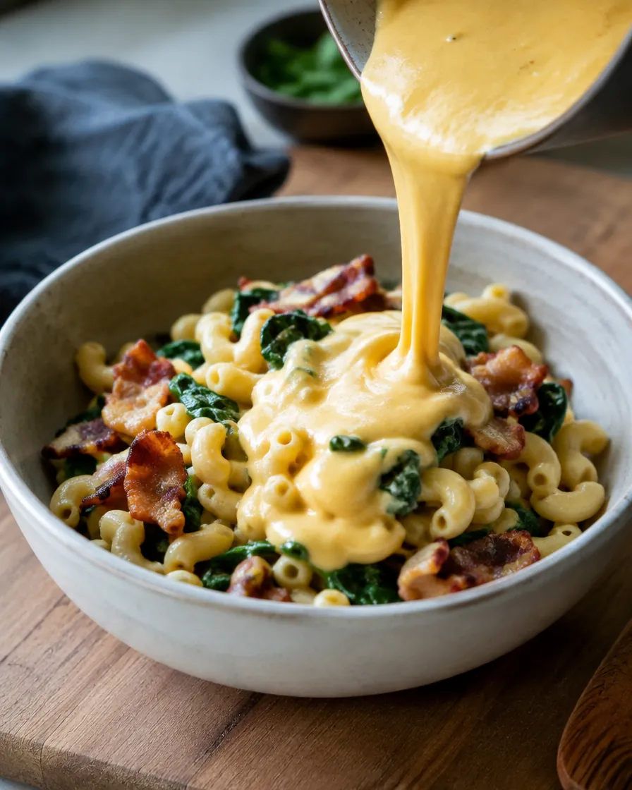 Step 5: Pour the cheese sauce over the pasta and stir in the bacon a